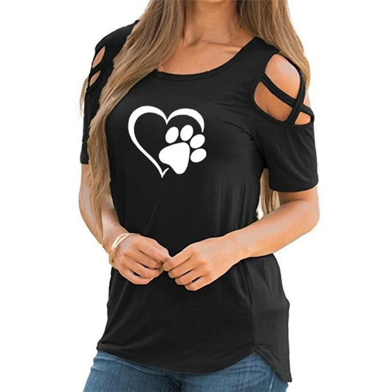 

Women Causal T-shirt Cotton Bear Paw Tees 2021 Harajuku Lovely Heart Tshirt Woman Off Shoulder Tops Clothes Solid Female Wears