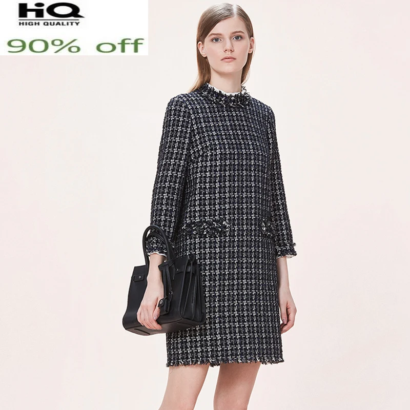 

flower Rough spring / autumn women's commuter simple tweed plaid dress