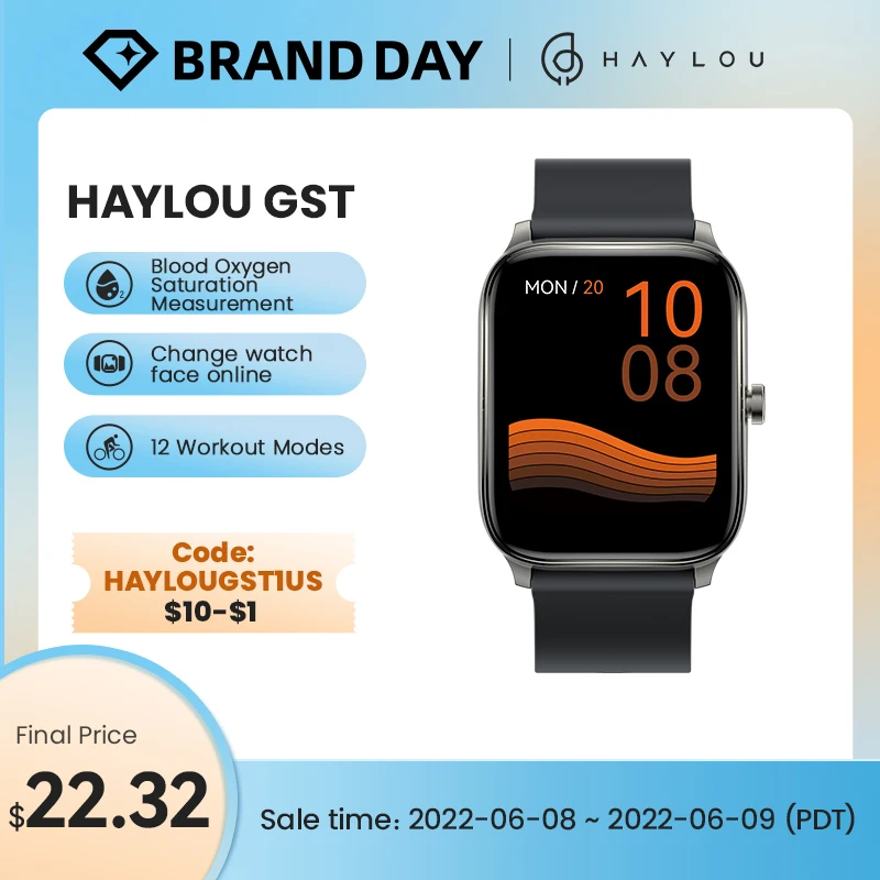 HAYLOUGST1US $10-$1HAYLOU GST Smart Watch Men Blood Oxygen Heart Rate Sleep Monitor 12 Sport Models Custom Watch Face