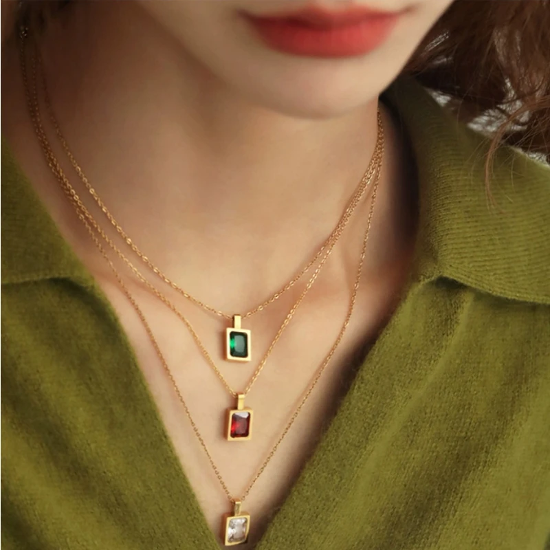 

Zircon Crystal Stainless Steel Pendants Necklace For Women Girls Luxury Geometric Clavicle Chain Necklace Fashion Jewelry gifts