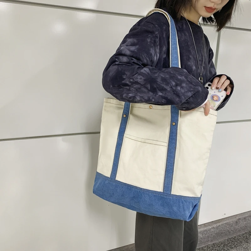 

Denim Handbags For Women Patchwork Canvas Shoulder Bag Student Jeans Big Shopping Eco Bag Korean Large Capacity Crossbody Bags
