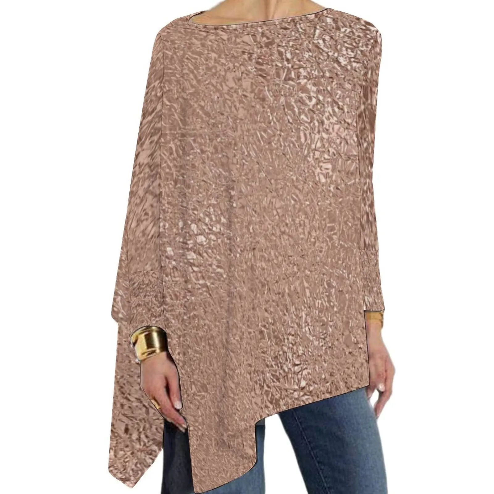 

Faux Metallic T-Shirts Rose Gold Glitter Metal Print Casual Loose Long Sleeve T-Shirt Aesthetic Print Tees Clothes Big Size 6XL