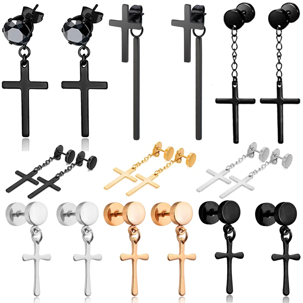 

1 Pair Punk Gothic Stainless Steel Stud Earring Cross Round Ear Taper Dumbbell Fashion Women Men Rock Jewely Fashion