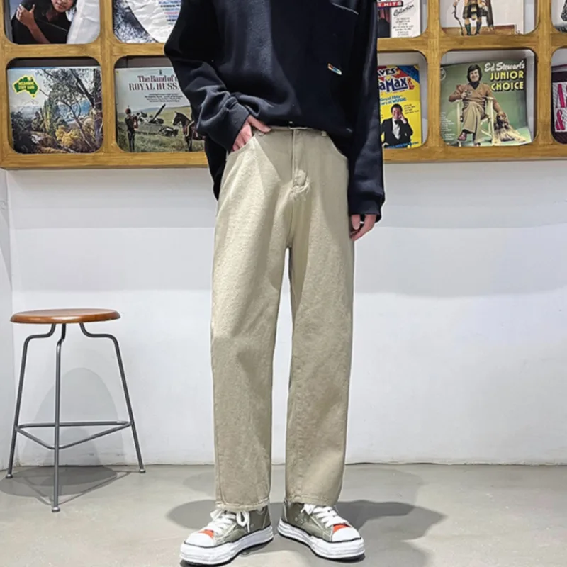 Elastic Waist Jeans Men Fashion Casual Black/Khaki/Beige Straight Jeans Men Streetwear Loose Hip Hop Denim Pants Mens Trousers