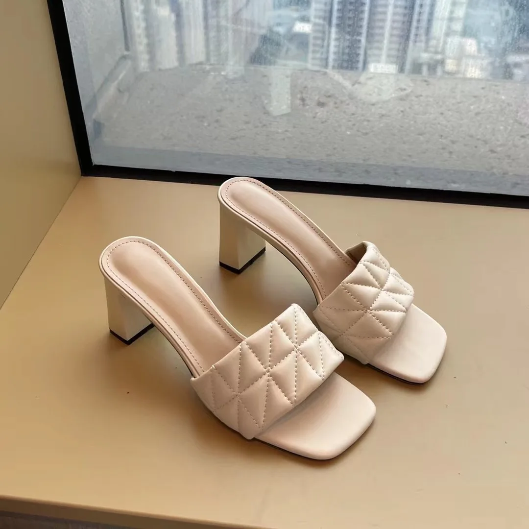 

Open Toe Women Slippers Thick High Heels Pumps Solid Color Beige Green Pink Summer Party Mules Shoes Solid Color Dress 35-39