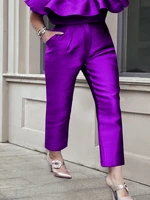 women pants purple shiny high elastic waist elegant office work ankle length pencil capris for lady summer bottoms 4xl xxxl new