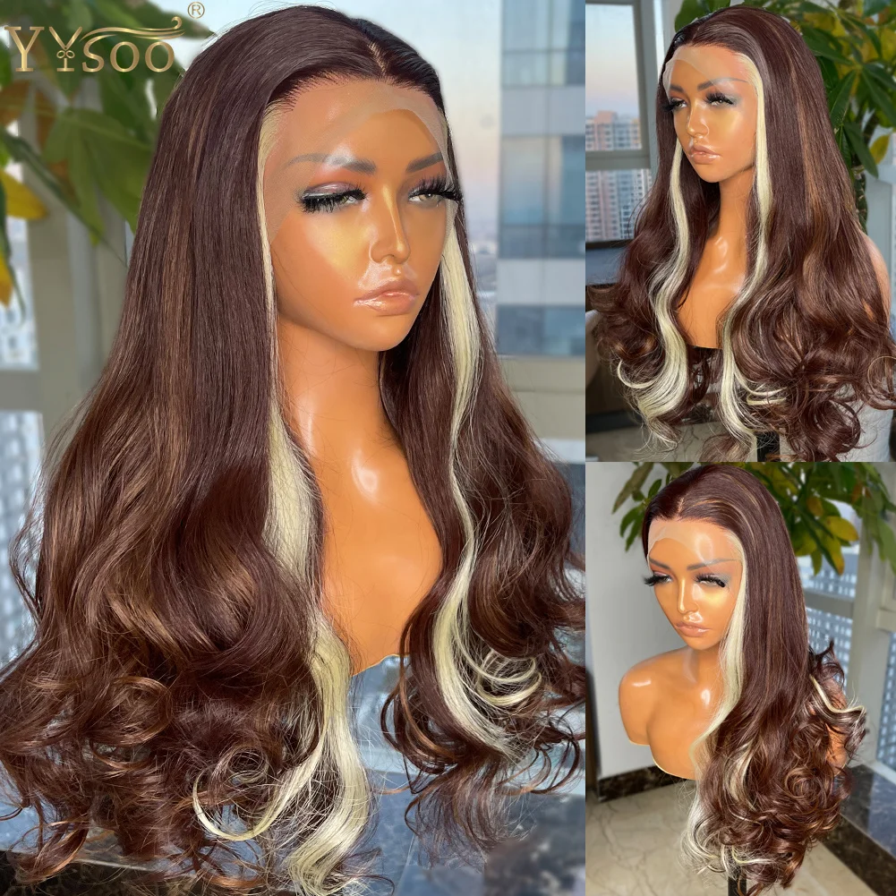 YYsoo Long Body Wave Highlights 13x4 Futura Synthetic Lace Front Wigs For Black Women Pre Plucked Hairline Half Hand Tied Wig
