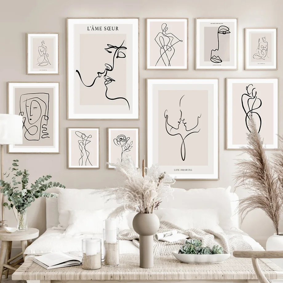 

Абстрактная линия лица женщины двойная настенная Картина на холсте скандинавские эстетические плакаты и принты настенные картины для деко...