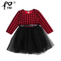new kids baby girl mesh dress christmas party long sleeve red and black white plaid dress with belt fall girl a line dress