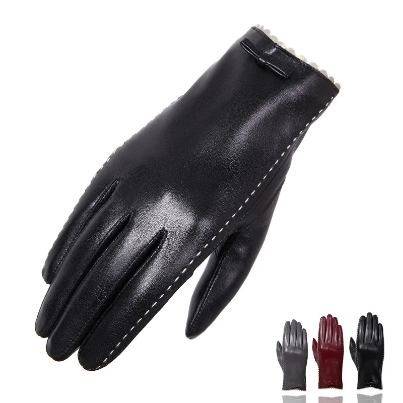 

Женские кожаные перчатки, кашемировые утолщенные теплые зимние перчатки для сенсорных экранов, для вождения, с бантом
