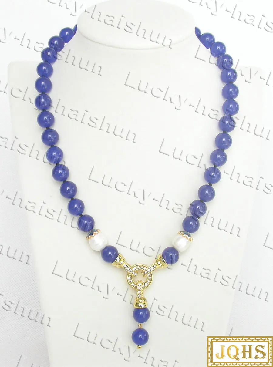 

Natural 44cm 10mm Round Navy Blue Jade White Pearls Beads Pendant Necklace C626 Chains Mother's Day