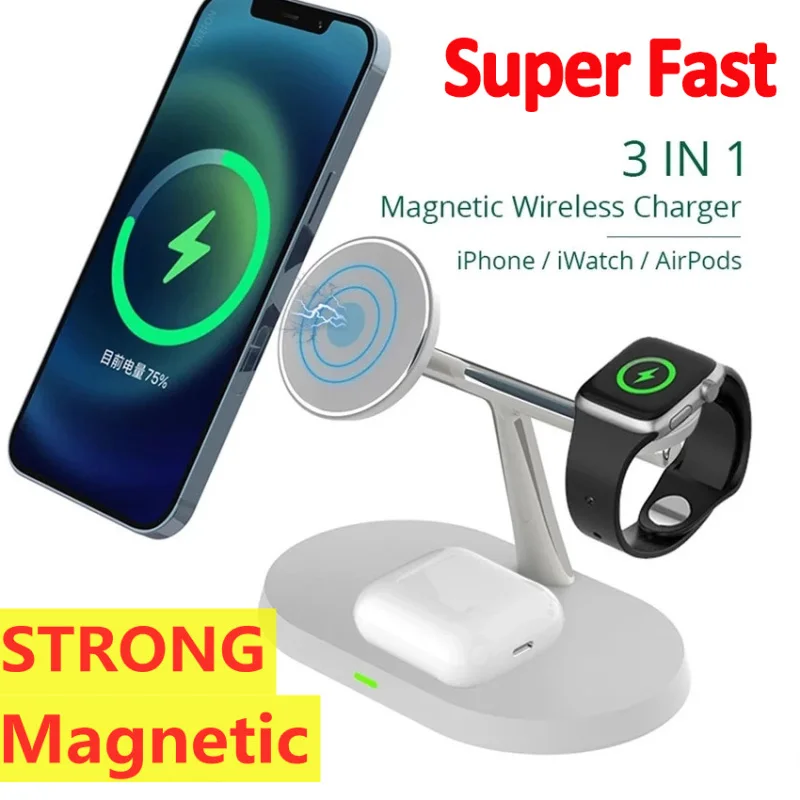 

Магнитная Беспроводная зарядная подставка 3 в 1, 15 Вт, для Macsafe iPhone 14 13 12, Apple Watch Airpods Pro, док-станция для быстрой зарядки