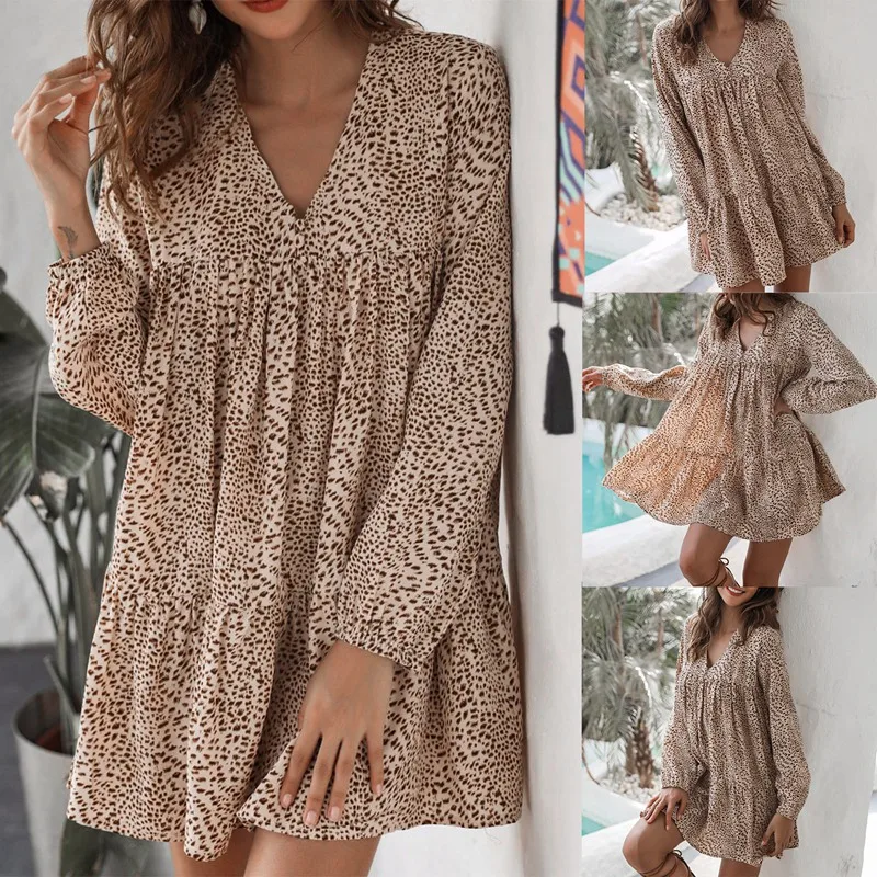 Women's Leopard Print Long Sleeve V-Neck Sexy Slim Dress Leopard Print Color