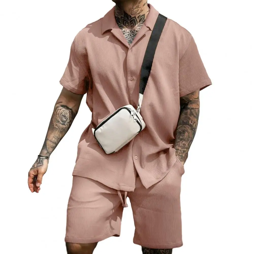 

2Pcs/Set Men Casual Outfit Shorts Shirt Short Sleeve Solid Color Suit Drawstring Wide Leg Shorts Set Tracksuit Men Sets