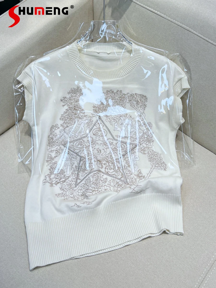 

Retro Embroidery Sleeveless Knitted T-shirt Women's 2022 Summer New Heavy Industry Loose Top Fashion Outer Wear Pullover