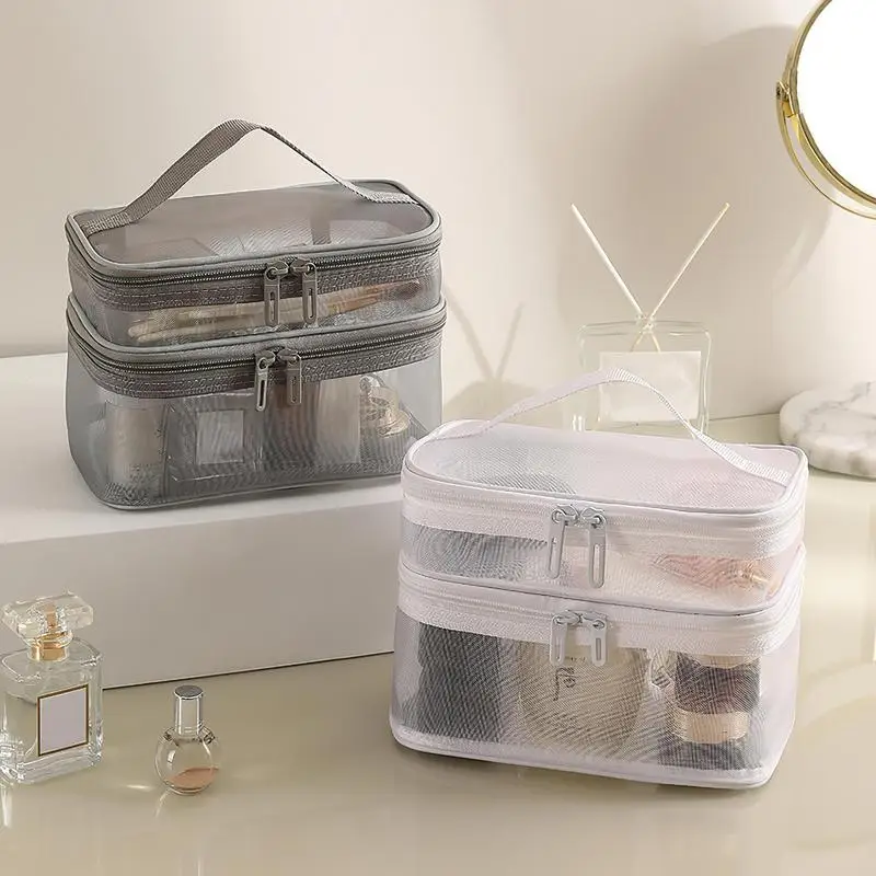 

Large-Capacity Black Mesh Makeup Case Organizer Storage Pouch Casual Zipper Toiletry Wash Bags Make Up Women Travel Cosmetic Bag