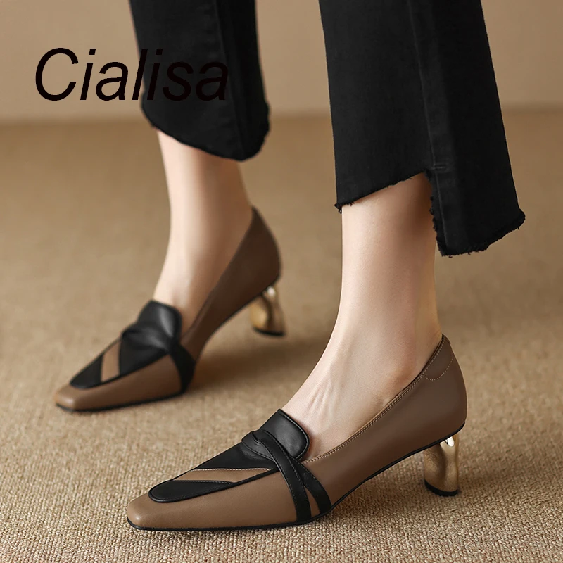 Cialisa Women Pumps New 2023 Spring Fashion Genuine Leather Mixed Colors Shoes Square Toe Strange Style High Heel Lady Footwear