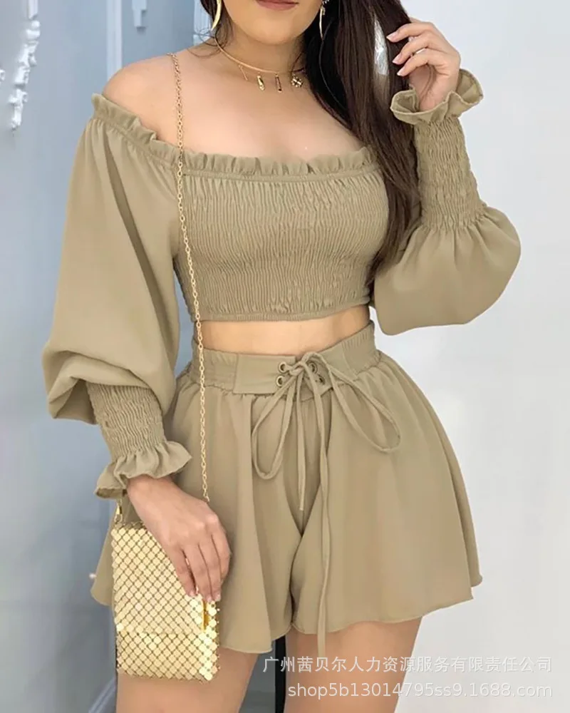 

Женский комплект из 2 предметов, однотонный костюм с открытыми плечами и шортами, с воротником-лодочкой, весна-лето