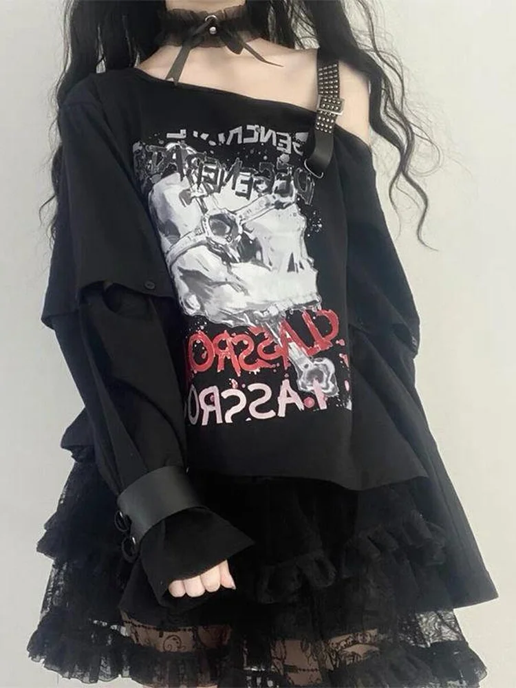 

Deeptown y2k Tops Women Off Shoulder T-shirt Vintage Harajuku Tops Skull Print Belted T Shirt Summer Japanese Streetwear 2022