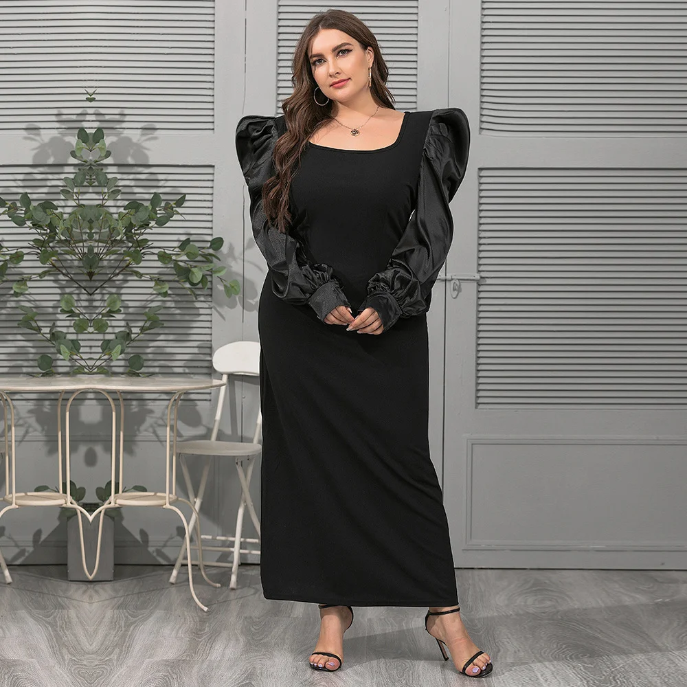 Plus Size Women Clothing 2023 Spring And Autumn New Large Women's Fashion Square Neck Bubble Sleeve Loose Elegant Dress