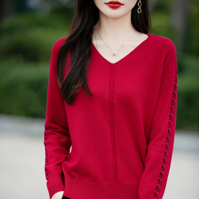 Женский трикотажный кашемировый пуловер с длинным рукавом и V-образным вырезом