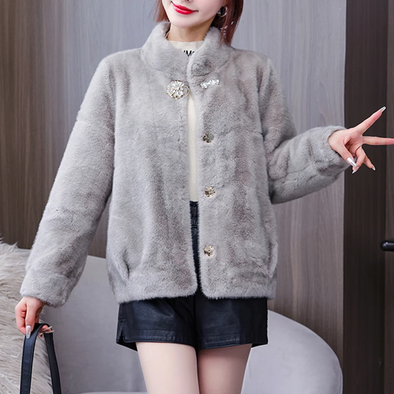 

2022 New Women Winter Jacket Warm Furry Cropped Faux Fur Coat Top Single-breasted Stand Collar Outwear with Diamond Decoration