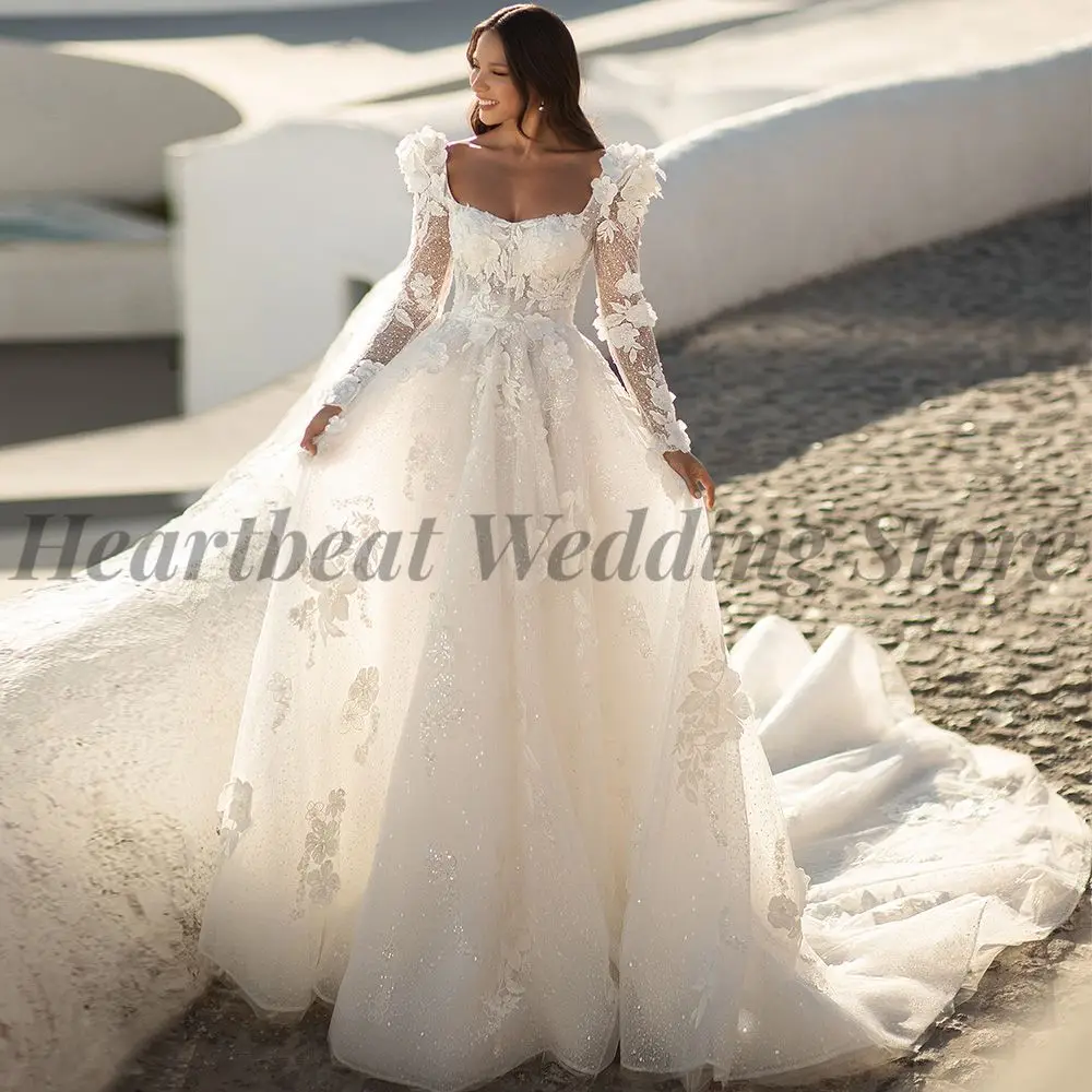 

2023 Wedding Dress with Backless Long Sleeve Square Collar Court Train and Applique Sequins Beads Pearls for Women Exquisite