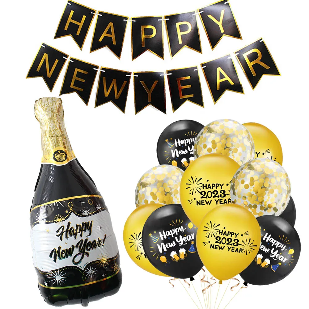

29 шт./компл. черный золотой счастливый новый год баннер бутылка шампанского конфетти воздушные шары 2023 новогодние вечерние рождественские домашние декорации латексные глобусы