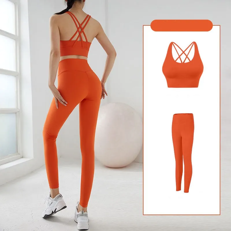 

Solid Color Fitness Tight Yoga Set Soft Cross Back Sports Bra Leggings Tracksuit Two Piece Suit Women Gym Clothing Suit Female