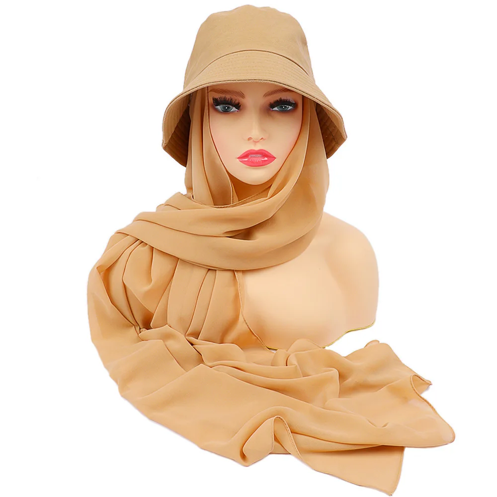 

Plain Solid Bubble Chiffon Instant Hijab with Bucket Caps Women Breathe Cover-up Muslim Shawl Scarf Wrap Snood Bonnet Headscarf