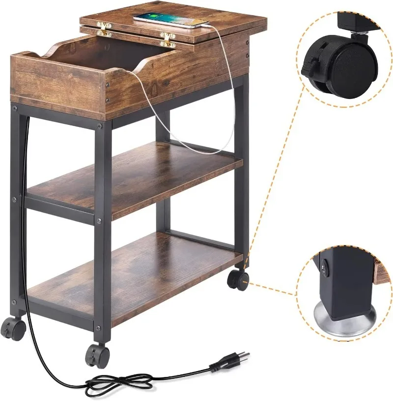 

End Table with Charging Station, Flip Top Side Table with Storage Shelf and USB Ports & Power Outlets for Small Spaces, Narrow