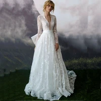 modern long sleeves lace v neck wedding dresses robe de mari%c3%a9e a line tulle bride gowns bow court train 2022 vestidos de novia