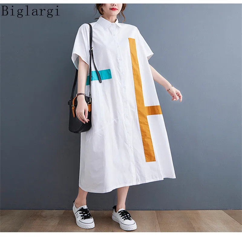 

Oversized Fashion Patchwork Shirt Dress Women Summer Big Size Shirts Loose Ladies Dresses Womens Cotton Cardigans Shirt Dress