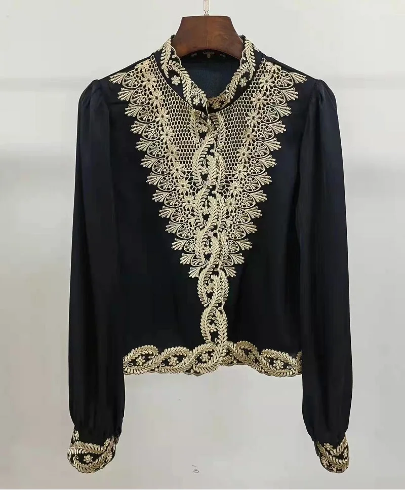 Blusas Feminino 2023 Spring Summer Fashion Style Women Stand Neck Hollow Out Embroidery Long Sleeve Apricot Black Red Tops Silk