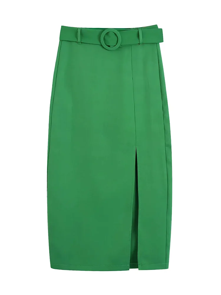 

Xikom 2022 Женская мода с поясом с передним разрезом зеленые миди юбки с высокой талией и молнией сзади женские юбки Mujer