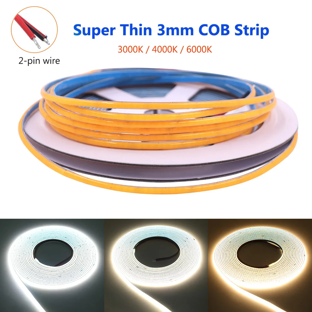 

3mm Super Slim COB LED Strip Light for Room Decoration 12V 24V 384LED/m Warm Natural White Flex Linear Tape Lights Bar Narrow