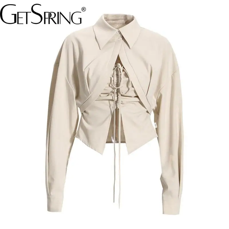 

GetSpring Women Shirt 2022 Arc Placket Long Sleeve Short Shirt Pleated Drawstring Suspender Vest Two piece Set Spring Summer New