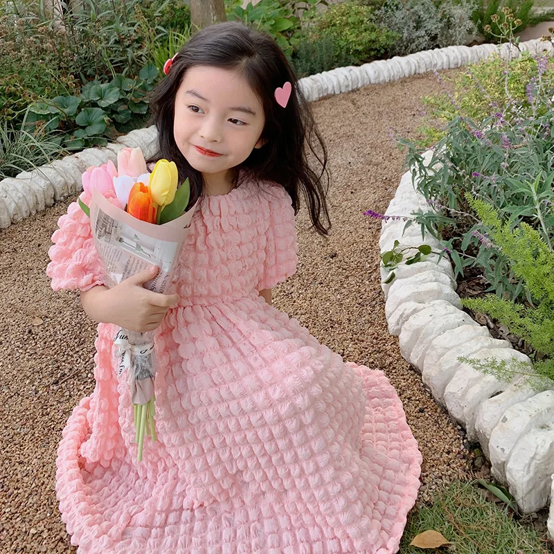 

Summer New Pink Girls Dress Fashion Cute O-Neck Puff Short Sleeve Dresses 2022 Korean Version Loose A-Line Vestidos