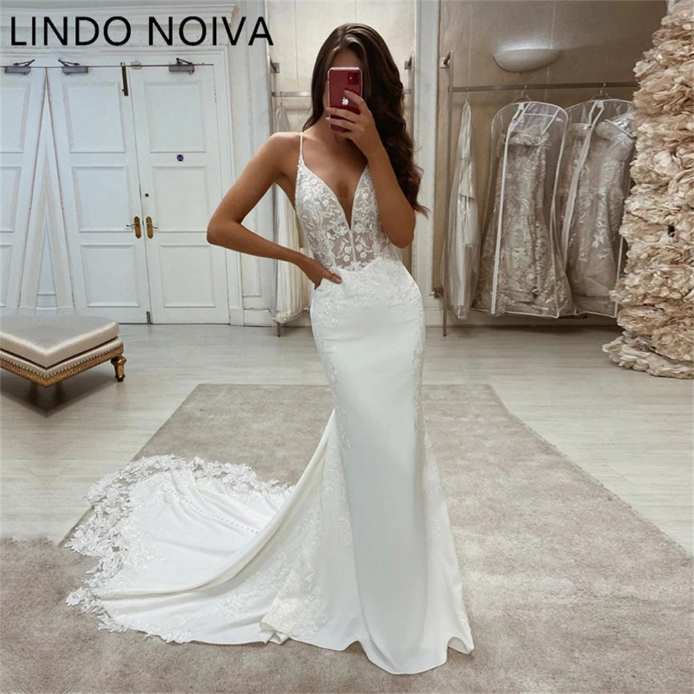 

Boho Wedding Dresses V-Neck Appliques Lace Mermaid Elegant Wedding Gown Spaghetti Strap Sexy Country Bridal Dress 2023
