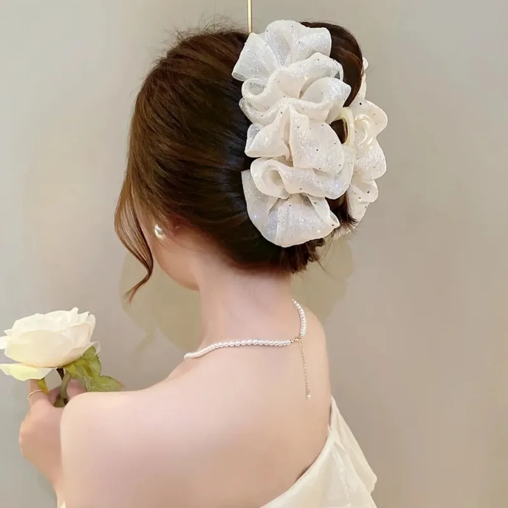 

Chiffon Silk Hairpin Fabric Flower Shark Hair Clip Ponytail Clip for Double-Sided Mesh Princess Headdress Women Girls Elegant