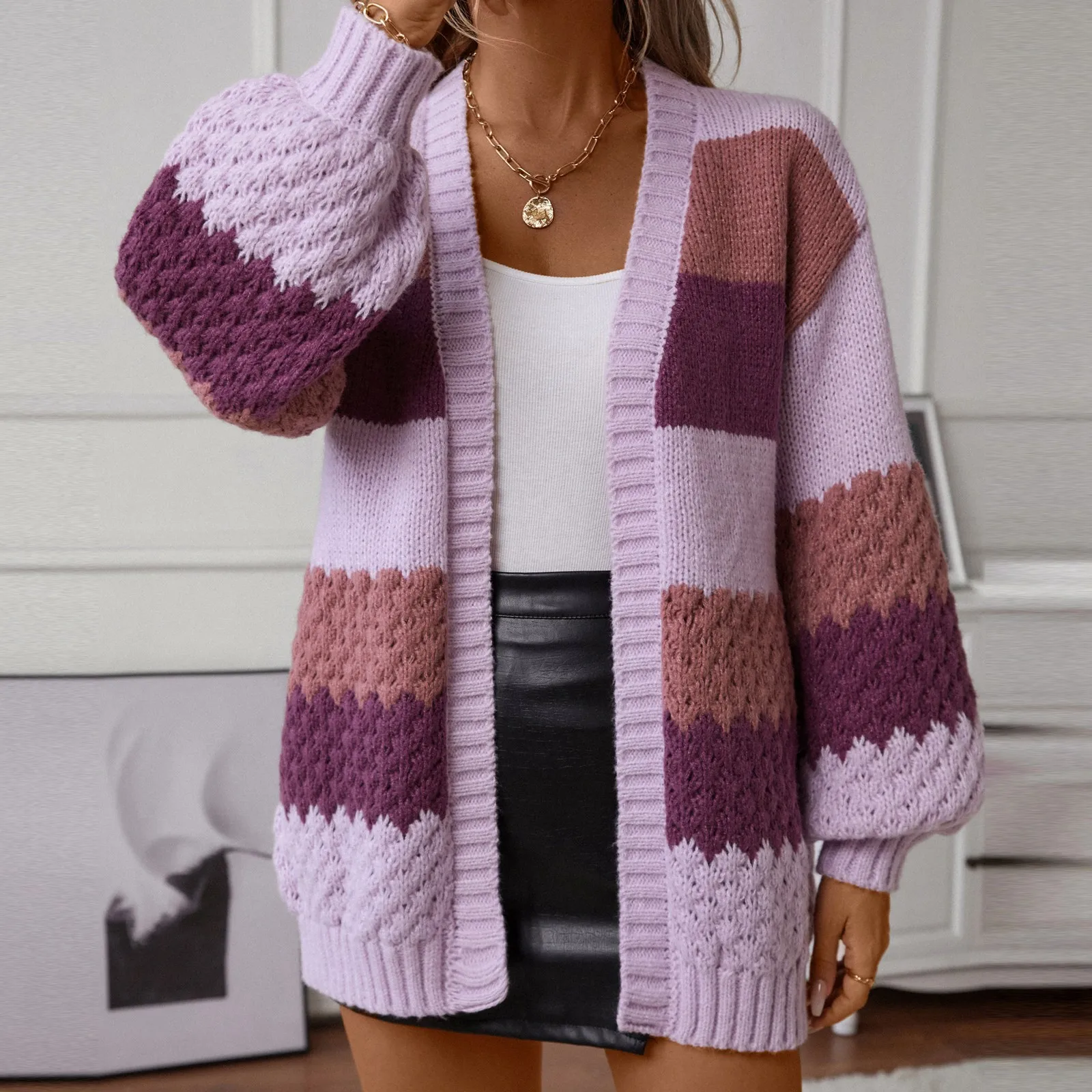 Осень-зима повседневный свободный крой вязаный кардиган контрастный цвет