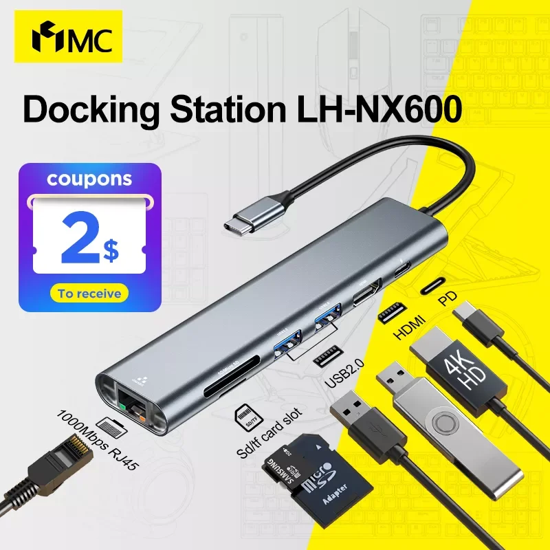 

MC USB 3.0 Docking Station Aluminum 7-in-1 HUB RJ45 HDMI Adapter Expansion Dock Laptop Type-C Splitter For MacBook Asus Dell