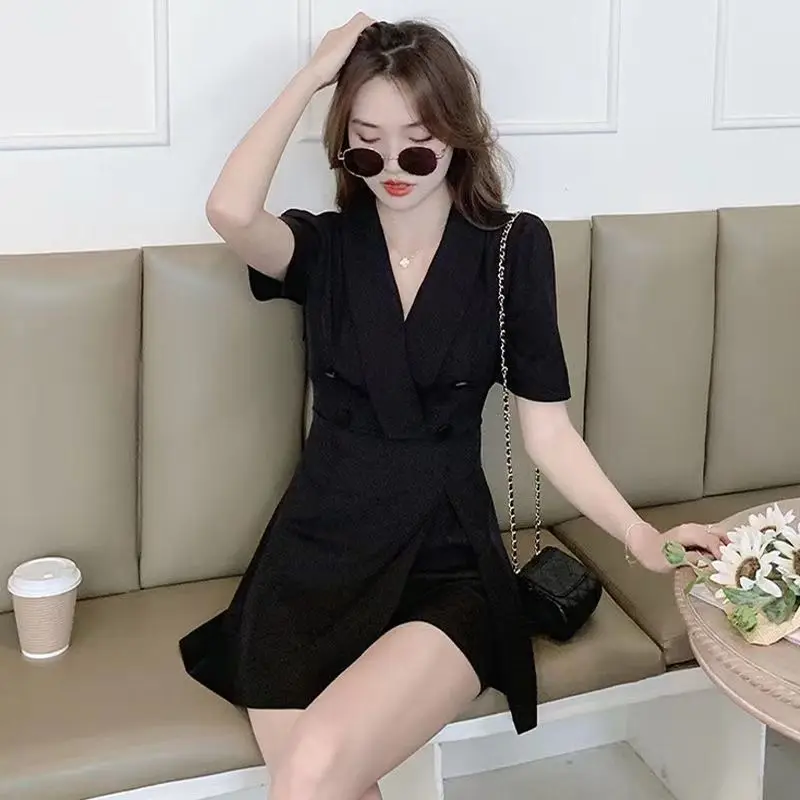 Midi Dresses for Chic and Elegant Ladies New Hit Fashion Korean Style Loose Trend Women's Summer Two-piece Suit Dress 2023 Black images - 6