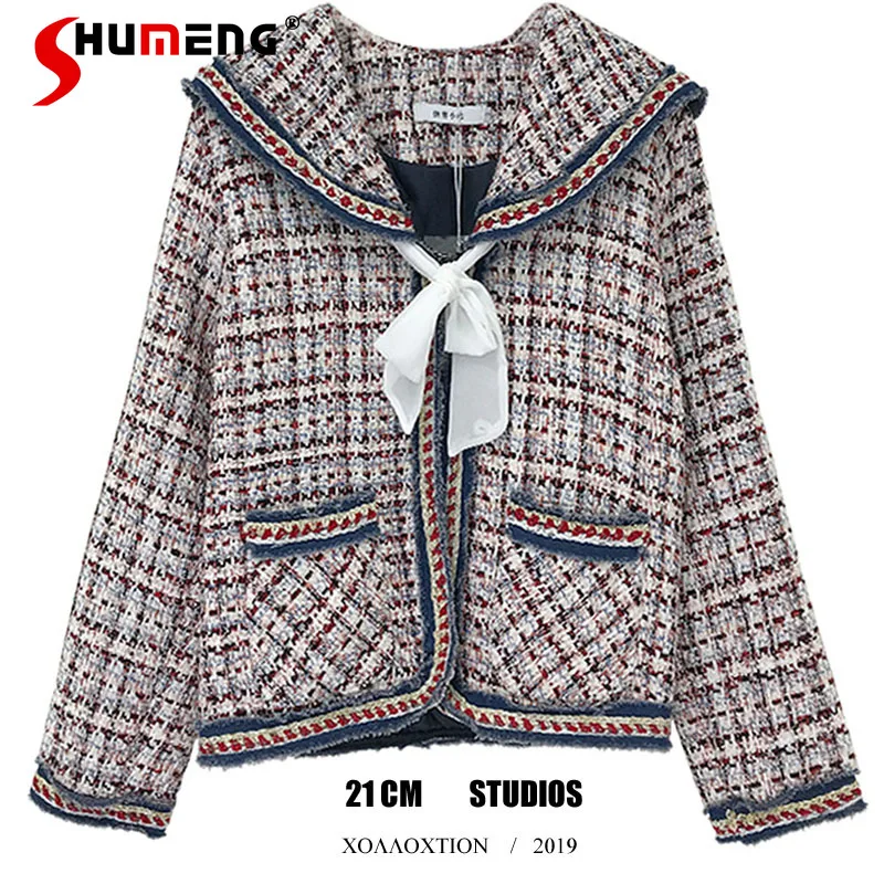 

Elegant Women Navy Lapel Shawl Ruffled Tied Tweed Plaid Coat 2021 Autumn and Winter Concealed Button Wool Cotton Jackets Ladies