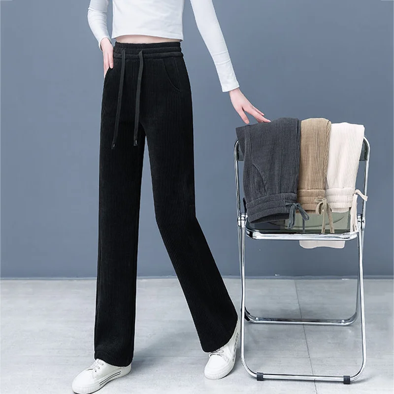 

Плотные плюшевые мешковатые брюки на шнуровке с высокой талией, повседневные Бархатные широкие брюки, женские прямые теплые брюки на осень и зиму