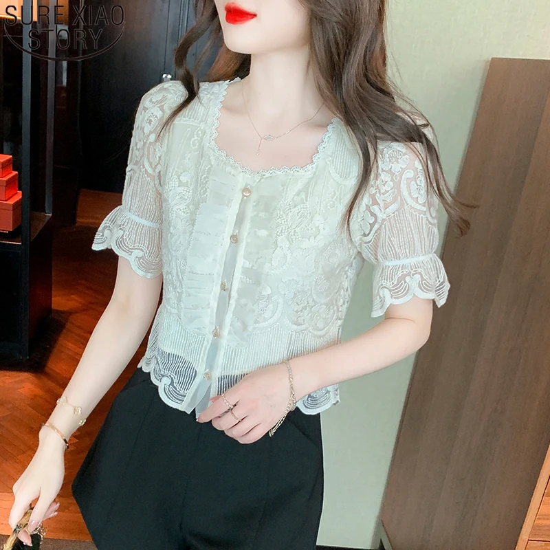 

Блузка женская шифоновая с кружевом, шикарная рубашка на пуговицах, модная повседневная офисная одежда с коротким рукавом, лето 22150