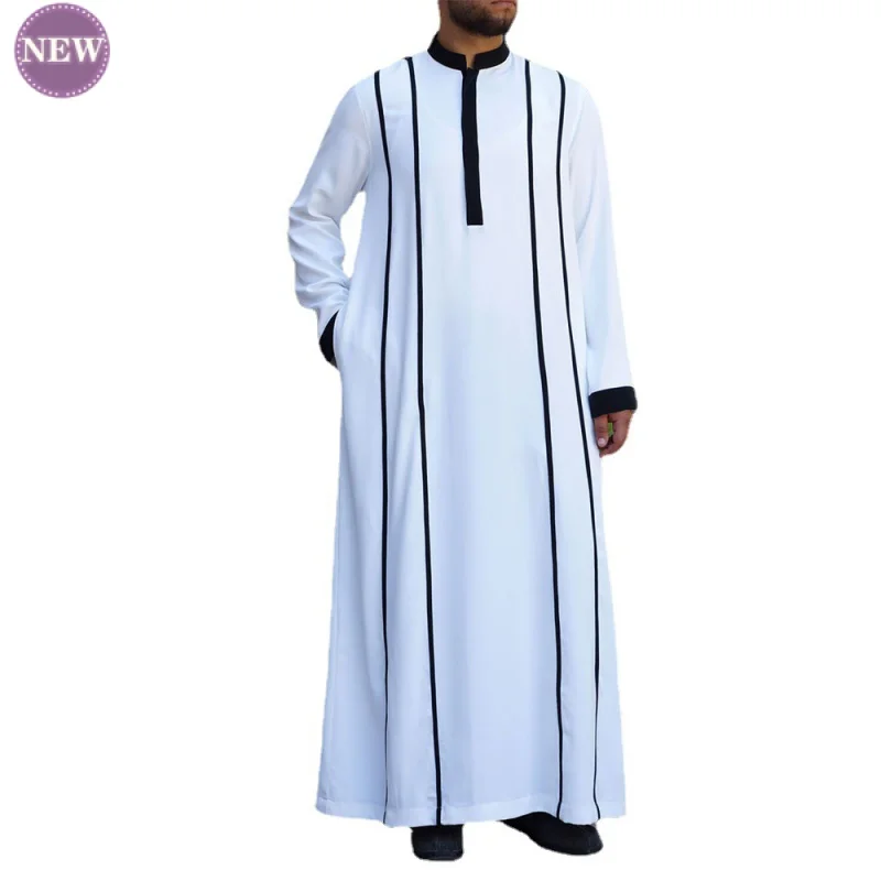 New Style White Muslim Robe Four Seasons Fashion Color Matching Ethnic Style Gentleman Clothes