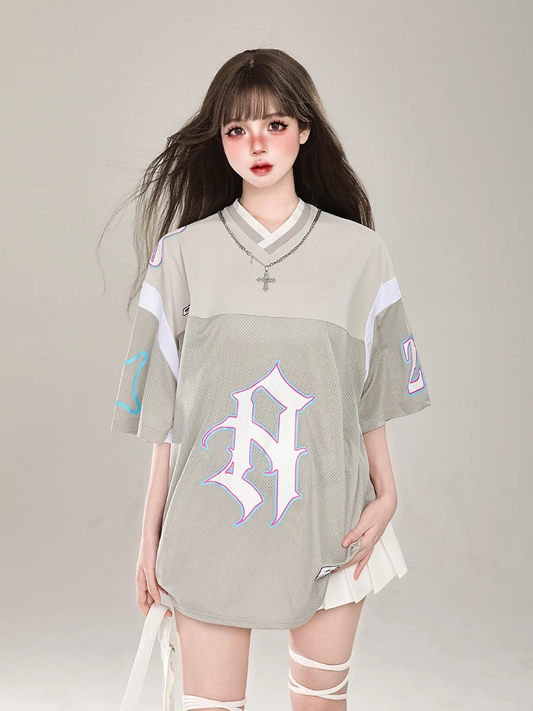 Американская футболка Y2g Gyaru контрастного цвета в стиле пэчворк сетчатая с