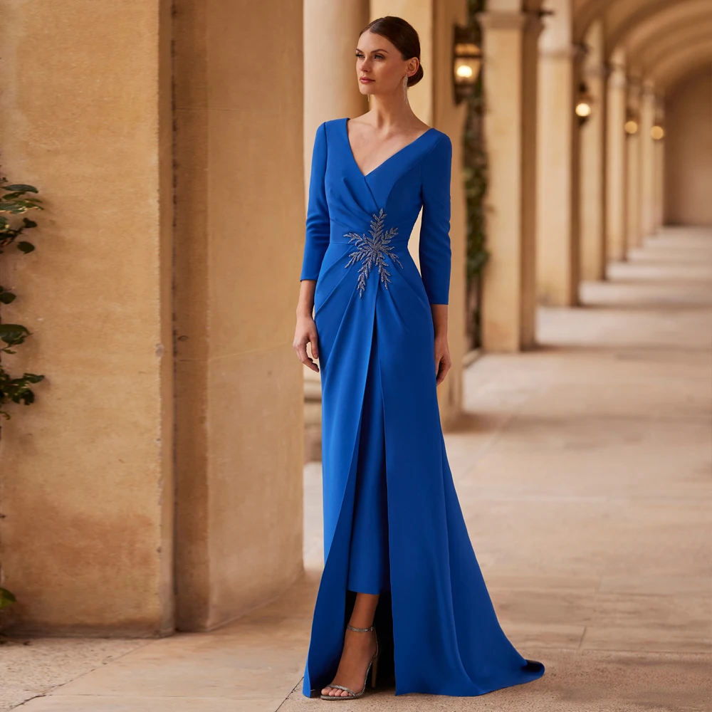 Платье для матери невесты с V-образным вырезом рукавом 3/4 и аппликацией