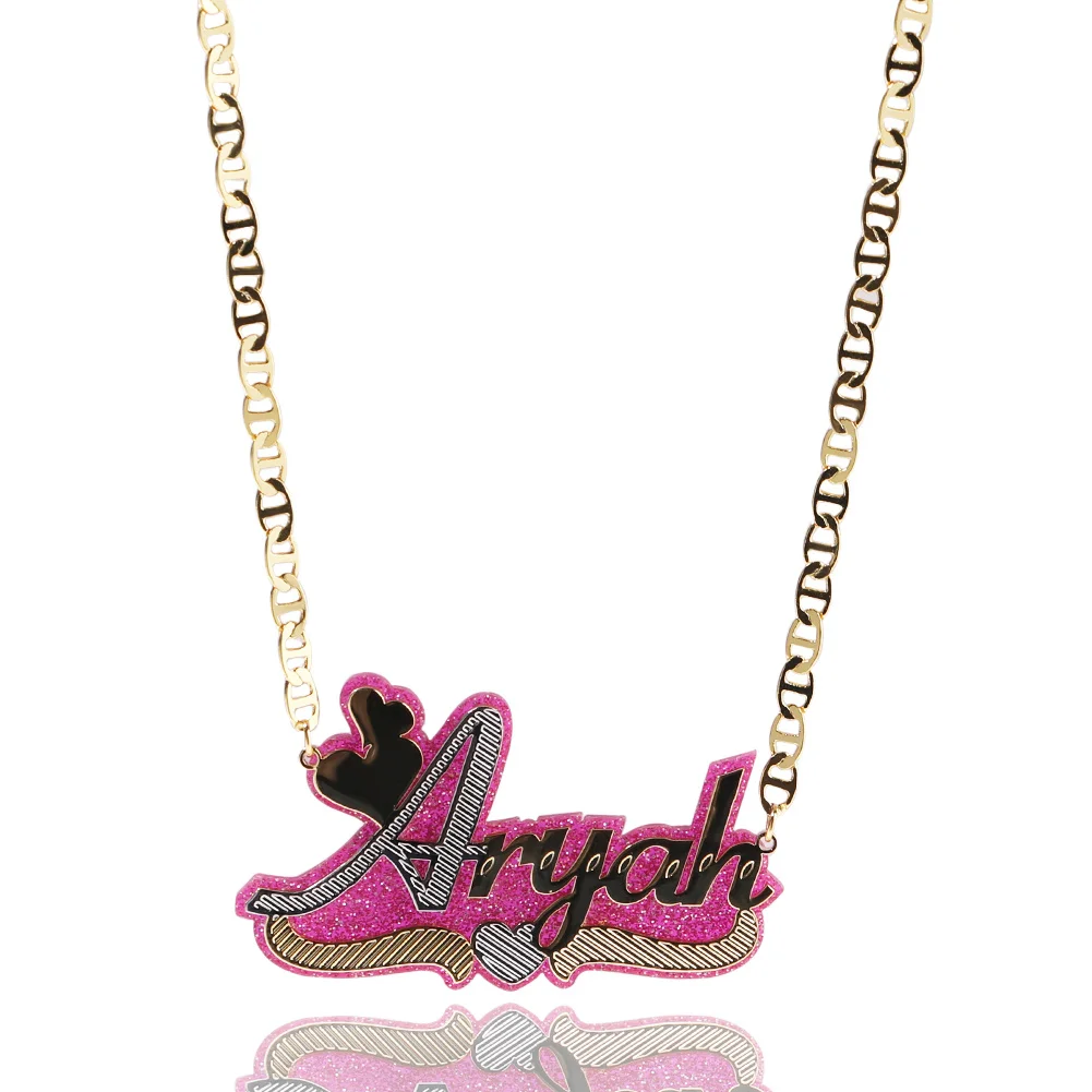 Uwin Glitter Letters Acrylic Personalized Name Necklace Stainless Steel Name Plate Customer Pendants Jewelry Accessories